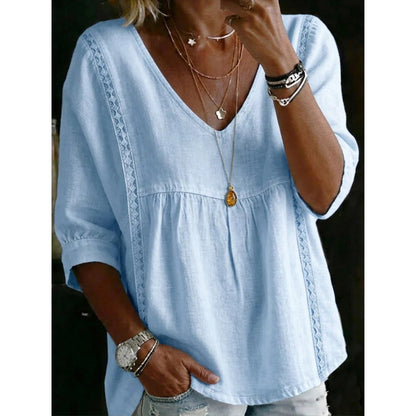 📢50% OFF !! ⏰Women's Boho Lace Trim V-Neck Top | Flattering Empire Waist Blouse with 3/4 Sleeves for Spring & Summer